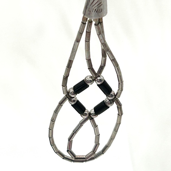 .925 Sterling Silver Navajo Liquid Tube Bead Heishi Black Onyx Dangle Earrings - Picture 7 of 8